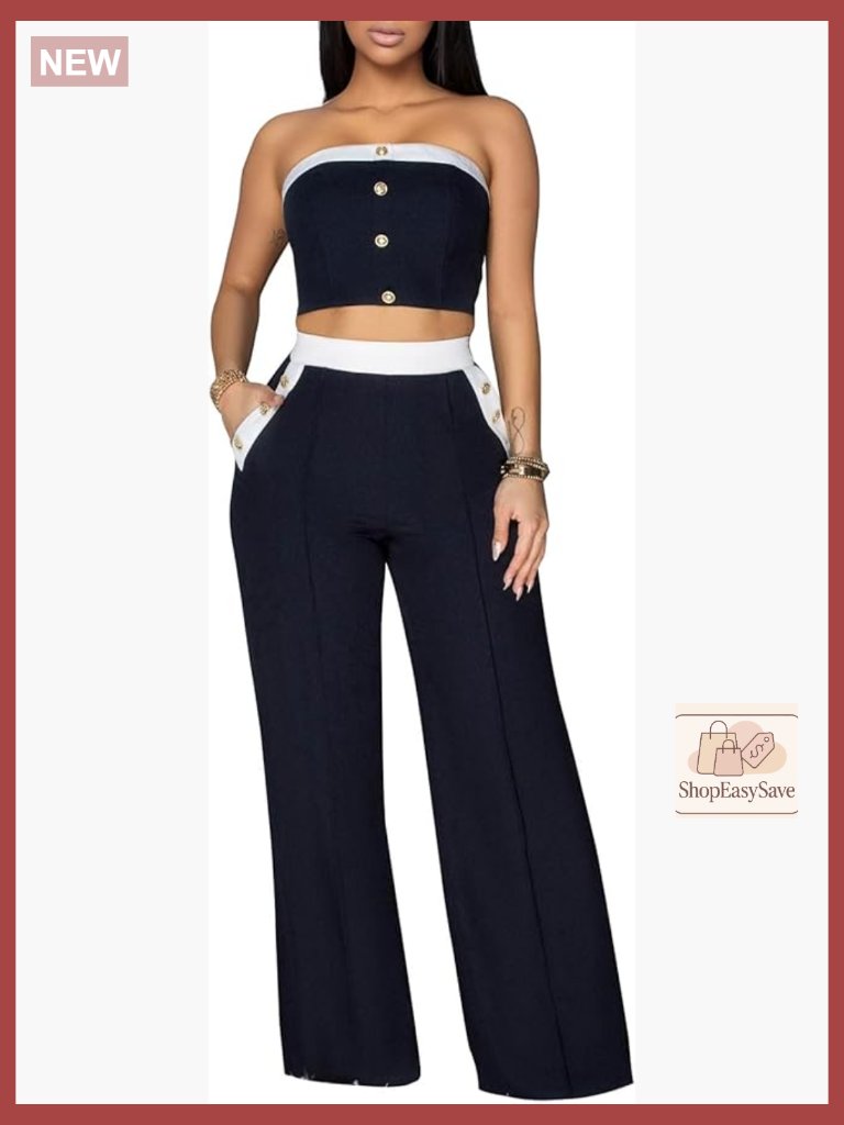 Strapless Tube Top And Wide Leg Pant Set Going Out Vacation Matching Outfit